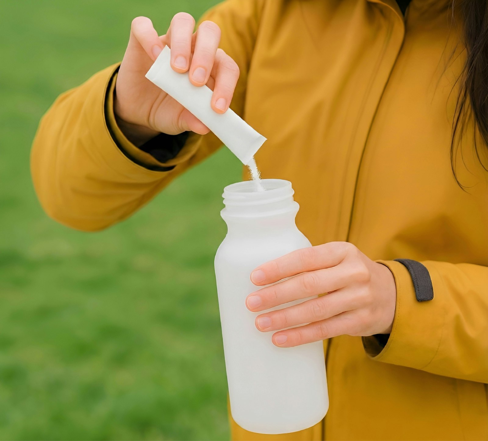 Person gießt Pulver in eine Wasserflasche